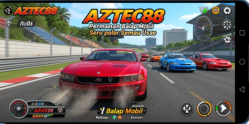 Antarmuka game balap mobil AZTEC88 yang menampilkan aksi balapan.